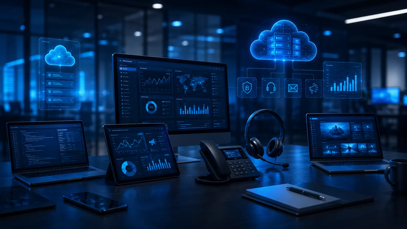 Digital dashboard showing cloud, support, marketing, and software systems.