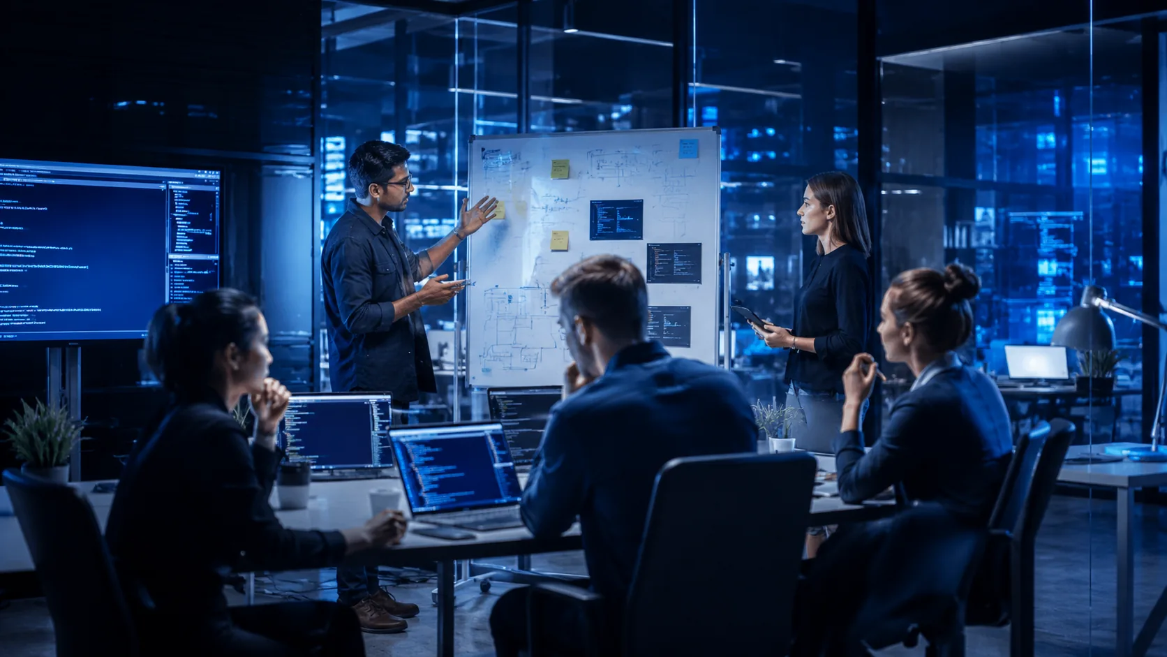 Technology team planning software architecture and platform development.